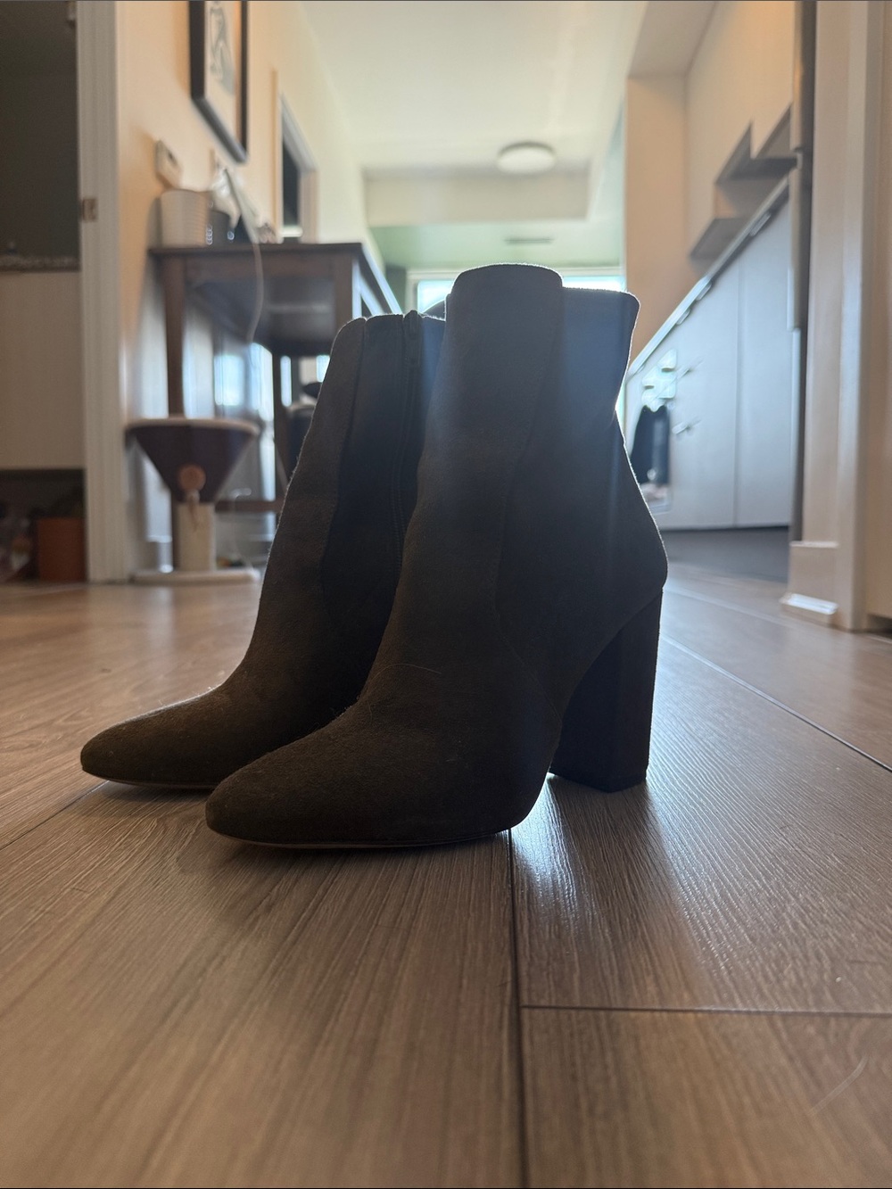 Suede High Block Heel Ankle Boots - Dark Brown